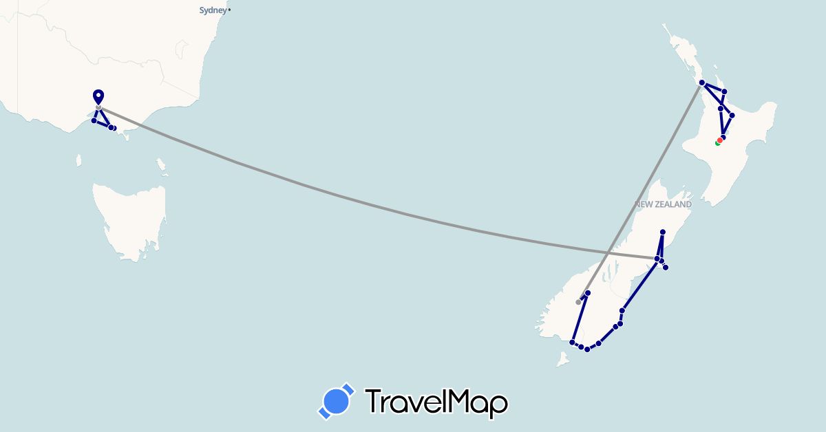 TravelMap itinerary: driving, bus, plane, hiking in Australia, New Zealand (Oceania)